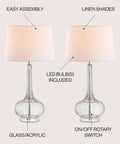 Smoke Gray Glass Teardrop LED Table Lamps Set of 2, 28.5-Inch Tall with White Linen Shade, energy-saving LED bulbs included.