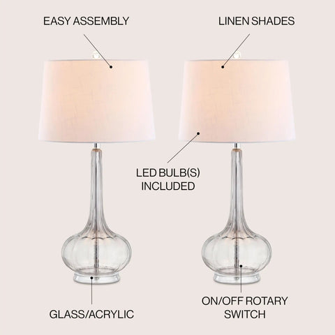 Smoke Gray Glass Teardrop LED Table Lamps Set of 2, 28.5-Inch Tall with White Linen Shade, energy-saving LED bulbs included.