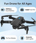 1080P HD FPV Mini Drone With Camera Foldable For Adults Easy To Fly showing dual batteries and colorful LED lights.