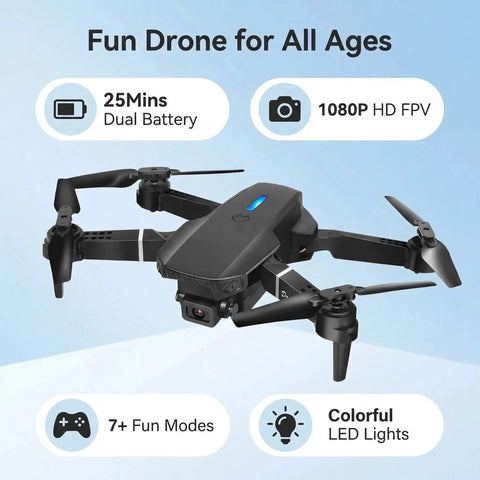 1080P HD FPV Mini Drone With Camera Foldable For Adults Easy To Fly showing dual batteries and colorful LED lights.