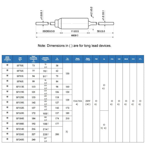 Technical diagram and specifications for SF113E 113 Degree Metal Thermal Cutoff Fuse 10A 250V For Motors Transformers And Industrial Home Appliances One Shot Operation Hermetically Sealed Durable Temperature Activation Pack Of 10