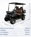 45 Mile Long Range 60V Electric Golf Cart 4 Seater 800 Pounds Capacity Quick Charge Led Headlights Premium Leather Seats side view with dimensions.