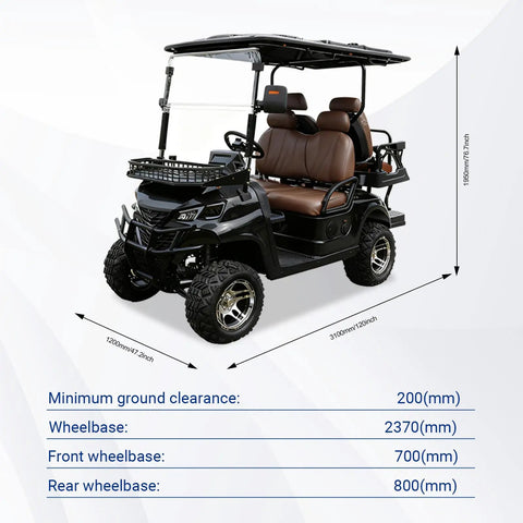 45 Mile Long Range 60V Electric Golf Cart 4 Seater 800 Pounds Capacity Quick Charge Led Headlights Premium Leather Seats side view with dimensions.