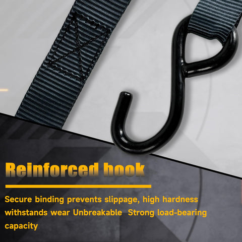 Close-up of reinforced hook on Four Pack Ratchet Straps 15 Feet 1800 LB Break Strength Heavy Duty Retracting Tie Down Straps Set