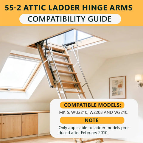Open attic with 55-2 Attic Ladder Hinge Arms With Springs For Ladders Made After 2010 Fits Mk5 WU2210 W2208 W2210 Heavy Duty.