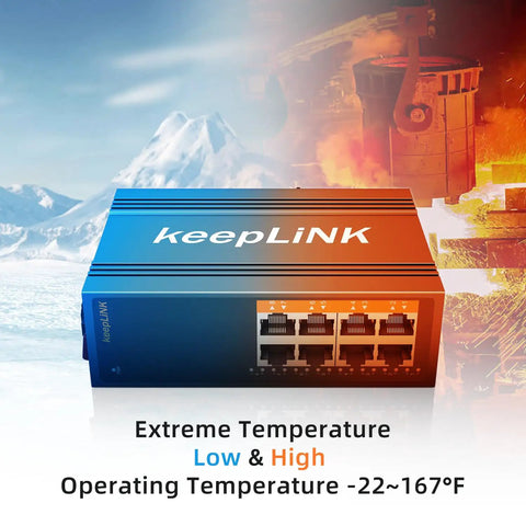 Front view of keepLiNK Industrial 8 Port Gigabit DIN Rail Switch Unmanaged With IP40 Protection, highlights extreme temperature range.