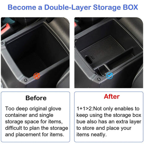 Center Console Organizer for VW Tiguan and Taos 2018 to 2026 installed demonstrating double-layer storage improvement before and after