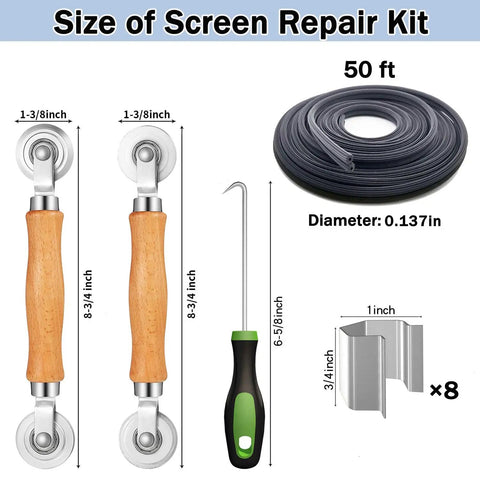 6 In 1 Window Screen Repair Kit With Black Mesh 48x118 Two Bearing Rollers 50 Ft Spline 8 Clips Hook No Sweat DIY
