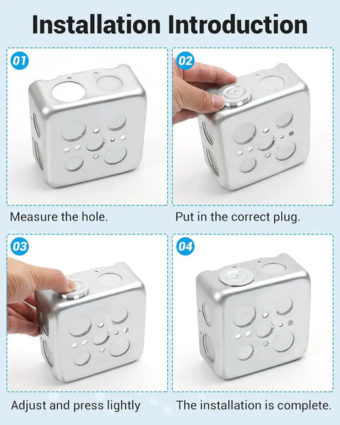 Installation steps for using 24 Pcs Three Quarter Inch Knockout Seals For Electrical Boxes Plug And Seal Kit with dust and water resistant gaskets