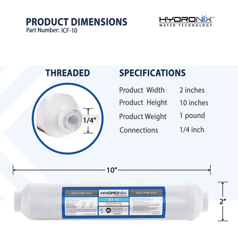 Inline Post RO Filter For Your Fridge And Ice Makers, Coconut Shell Activated Carbon Water Purifier, product dimensions diagram