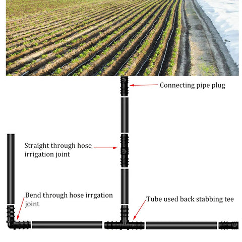 Drip Irrigation Fittings Kit For Half Inch Tubing Includes 30 Tees 30 Couplings 20 Elbows 10 End Closures illustrating use in field