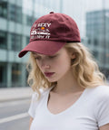 I'm Sexy and I Tow It Vintage Camping RV Camper Hat For Men Wine Red Adjustable Buckle Cap on woman outdoors