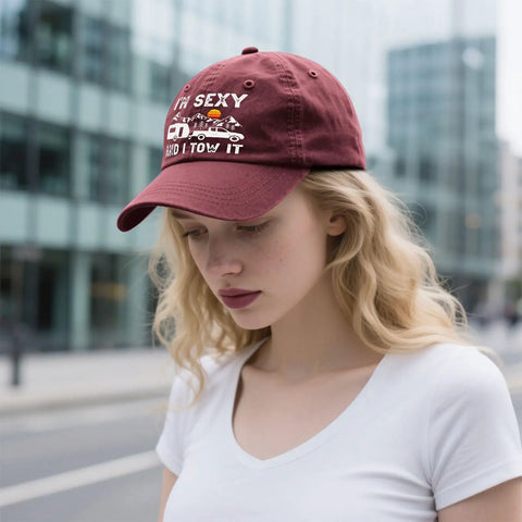 I'm Sexy and I Tow It Vintage Camping RV Camper Hat For Men Wine Red Adjustable Buckle Cap on woman outdoors