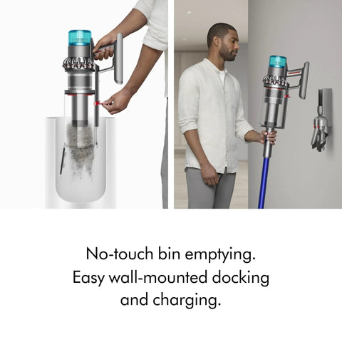 Gen5 Outsize Cordless Vacuum With 250AW Suction, wall-mounted charging, easy no-touch bin emptying demonstration.