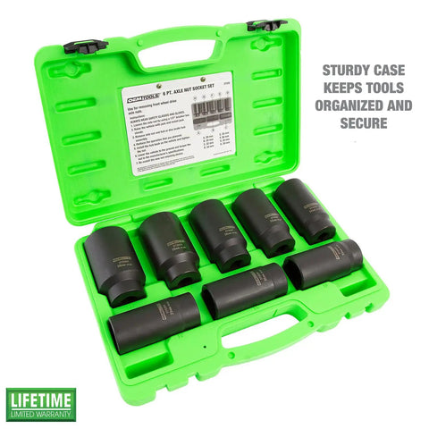Impact Axle Nut Socket Set 1/2 Inch Drive, 6 Point, 8-Piece Metric Sockets 29mm To 39mm With Storage Case displayed open