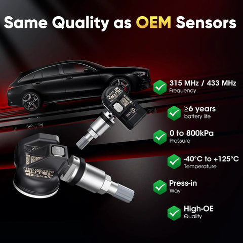 MX Sensor 2 In 1 TPMS Replacement Set Of Four 315 MHz And 433 MHz Press In Sensors For Car Tire Pressure Monitoring System, Easy Install, Plug And Play, Durable Four Pack on car graphic