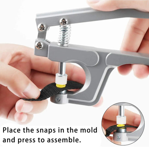 Heavy Duty Plastic Snap Button Pliers Kit With T3 T5 T8 Sockets For Quick Garment Repairs showing assembly process with snap.