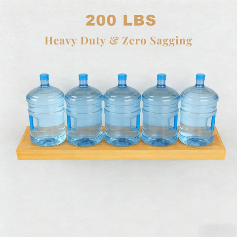 Image showing a wooden shelf holding five water jugs, demonstrating capacity of 200 lbs for heavy duty floating shelf brackets.