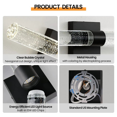 Modern Black Crystal LED Bathroom Sconce 18 Inch Wall Light Fixture 4000K Vanity Light Vertical And Horizontal Mount For Bedroom Living Room Waterproof Dustproof displayed in detail with clear bubble crystal design, metal housing, and energy-efficient 12W LED light source.