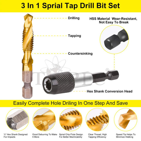 3-In-1 Drill And Tap Set With HSS Titanium Coated Bits, Quick-Change Adapter, 13-Piece Kit
