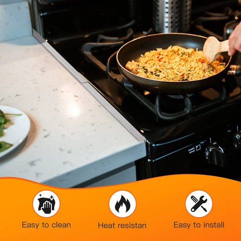 Adjustable Stainless Steel Stove Gap Covers Kit With Gap Filler and Range Trim in kitchen, silver, heat resistant, 2 pack