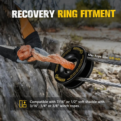 Heavy Duty Recovery Ring For Off Road Winching 66,000 Lbs Break Strength And 33,000 Lbs Working Load Limit, Works With Synthetic Rope And Soft Shackle mounted with 5/8 inch rope