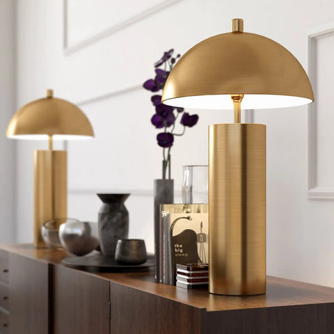 27 Inch Tall Brass Table Lamp With Metal Dome Shade For Nightstand Or Desk, Durable Metal Construction, Focused Downlight For Reading