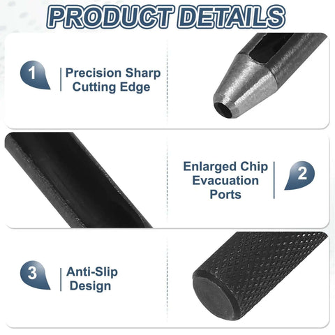 Detailed features of Leather Hole Punch 25mm Hollow Round Puncher Cutter Carbon Steel Pro Grade Tool including sharp edge, evacuation ports, anti-slip grip.