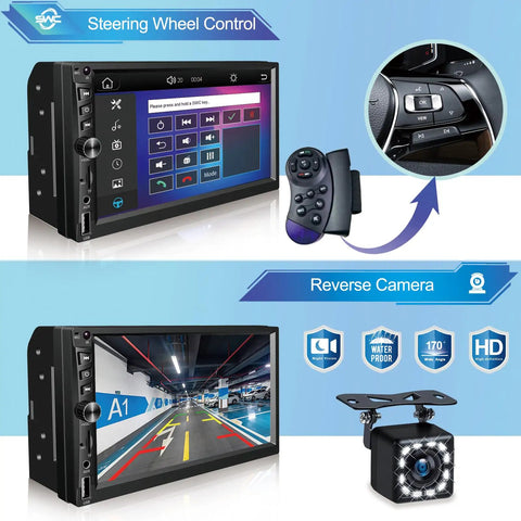 Wireless Double Din Car Stereo With Wireless CarPlay And Android Auto 7 Inch HD Touchscreen Bluetooth Five Point One FM Radio GPS Navigation Backup Camera Voice Control USB AUX TF Card Steering Wheel Control Compatible No Wires Needed, showcasing interface and backup camera features.