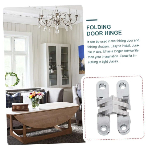 Concealed Folding Door Hinge Built Tough Heavy Duty Cabinet Hardware for home use, shown in living room setting with hinge close-up