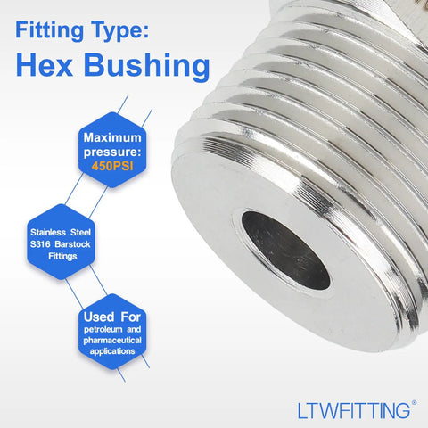 316 Stainless Steel Hex Bushing Reducer Fittings Three Quarter Inch Male to One Eighth Inch Female NPT, close-up view