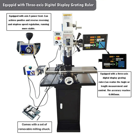 Badass Little R8 Mini Milling Machine With Brushless Motor Sleek Digital Readout, three-axis grating ruler and power feed.