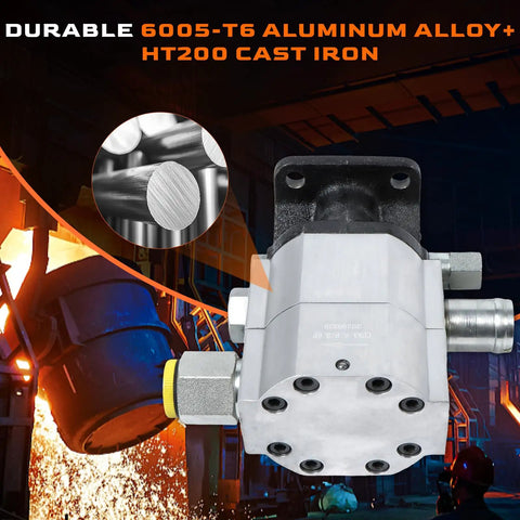 13 GPM Two-Stage Hydraulic Log Splitter Pump With 3000 PSI Capacity, 1 Inch NPT Ports, aluminum and cast iron details