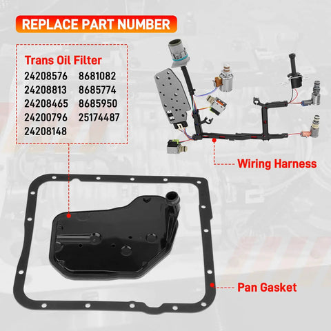 4L60E 4L65E Transmission Master Solenoid Kit with EPC TCC 3-2 PWM Harness Filter Gasket For GM 2003-2005 shown with labeled parts