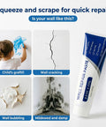 Collage showing wall repair paste kit for drywall cracks and nail holes, quick and easy spackle cream with scraper and sandpaper, 8.8oz.