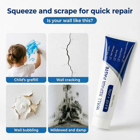 Collage showing wall repair paste kit for drywall cracks and nail holes, quick and easy spackle cream with scraper and sandpaper, 8.8oz.