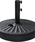 Black water filled umbrella base stand for patio and outdoor use with large round base and two hand turn knobs for quick stabilization.