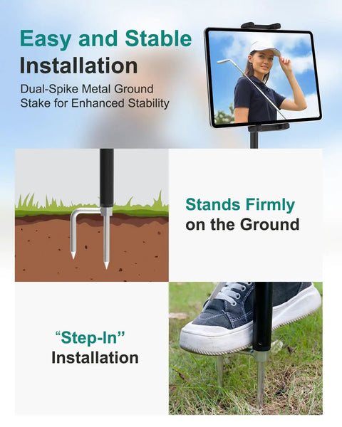 Golf Tablet Holder Monopod Stand For Swing Training with dual-spike ground stake for stability, shown with 4-13 inch device.