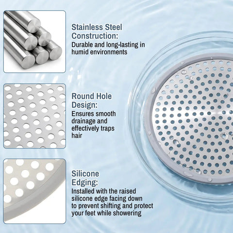 Stainless Steel Shower Drain Strainer And Kitchen Sink Hair Catcher Filter For Bathroom Plumbing Clog Prevention Solid Two Pack Set showing round hole design and silicone edging.