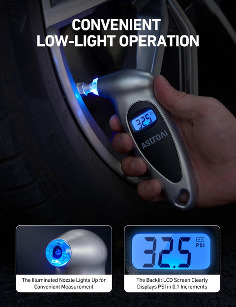 Hand using Digital Tire Pressure Gauge 0 To 150 PSI With Backlit LCD And Presta Valve Adaptor Included on tire at night