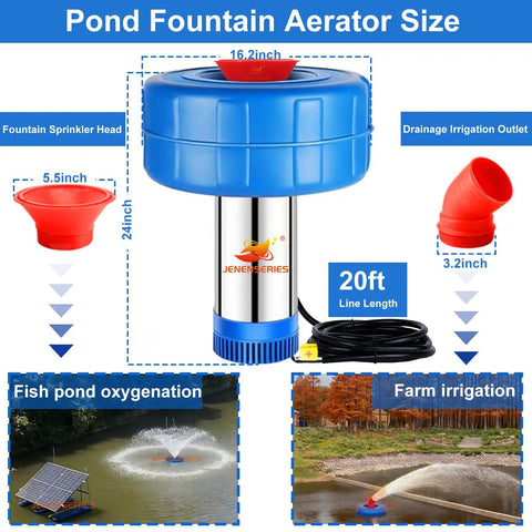 Diagram of Solar Pond Fountain Aerator 0.5HP 24V Stainless Steel DC Floating Water Pump With 20 Ft Cord for ponds with parts labeled.