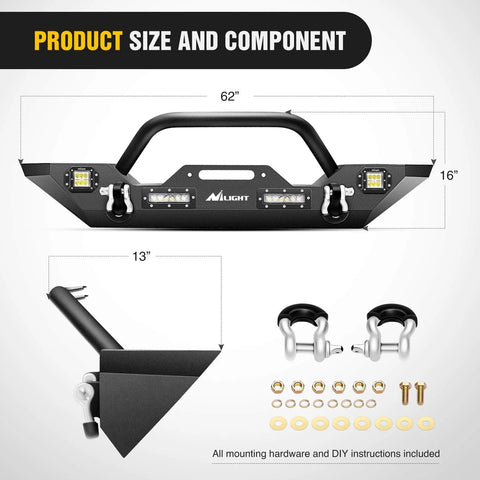 Nilight front bumper for Jeep Wrangler JK/JKU with winch plate, black steel, LED pods; includes mounting hardware
