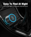 Kickass 6 Pack Usb C Car Charger featuring dual 20W fast charging ports, illuminated with soft blue light in vehicle console.