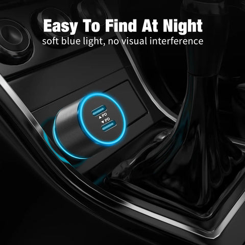 Kickass 6 Pack Usb C Car Charger featuring dual 20W fast charging ports, illuminated with soft blue light in vehicle console.