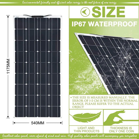 600W Solar Panel Kit With Inverter And Forty Amp Charge Controller Two 300W Flexible Monocrystalline Panels For Twelve To Forty Eight Volt Battery Charging On The Go Campers RVs Boats And Cars, image of flexible panel dimensions and features.