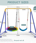 Two In One Backyard Swing Set With Platform And Belt Swings, blue swingset with dimensions and ground stakes illustration