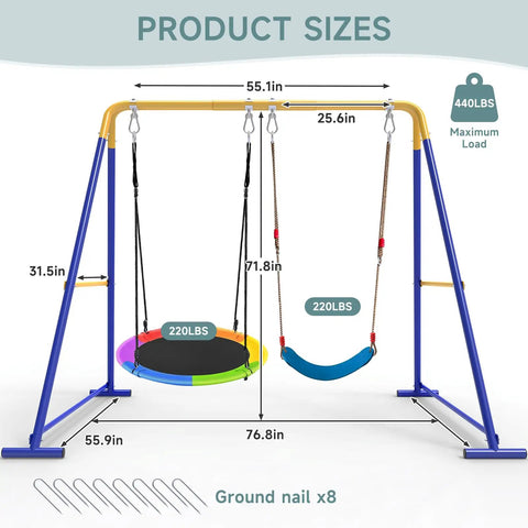 Two In One Backyard Swing Set With Platform And Belt Swings, blue swingset with dimensions and ground stakes illustration