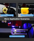 Dope Upgrade Four In One Axis Y Axis Rotary Roller Attachment For Laser Engravers showing laser engraving on a sphere, mug, and ring.