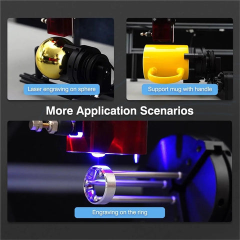 Dope Upgrade Four In One Axis Y Axis Rotary Roller Attachment For Laser Engravers showing laser engraving on a sphere, mug, and ring.