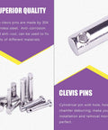 44 Piece Clevis Pin Assortment Kit In 304 Stainless Steel with flat head, T shape, and round pins shown in close-up.
